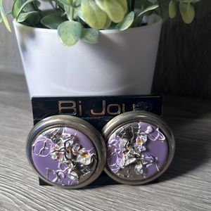 Artisian Enameled Lavender and Pewter Color  Swirl Earrings 2" Diameter Clip on